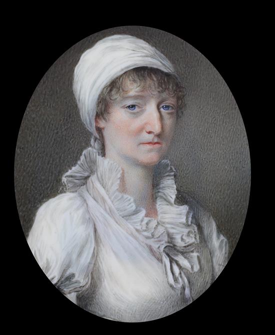 John Turmeau (1777-1846) Miniature of a lady wearing a white turban and white dress 3 x 2.5in., red leather cased